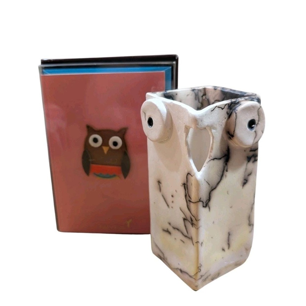Owl Bundle Papyrus Note Cards 8 Ct + Signed Owl Studio Pottery Vase Smoke Fired